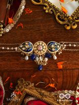 NILACHANDRIKA- MOONLIGHT OF THE BLUE SKY- KUNDAN NECKLACE WITH DEEP BLUE ENAMEL WORK WITH GOLDEN DETAILS, PEARLS, AND DAZZLING GEMS