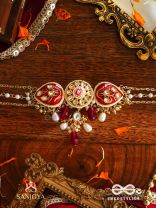 ARUNAMUKHI- FACE OF THE RED SUN- GLORIOUS KUNDAN NECKLACE WITH RED ENAMEL DETAILS AND PEARL EMBELLISHMENTS 