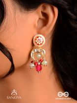 SHONAPRABHA- RADIANCE OF GOLD AND RED- HANDCRAFTED KUNDAN EARRINGS  WITH GOLDEN MOONS AND RED BEADS