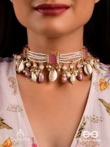 MANOHARA - CHARMING BEAUTY- ROYAL KUNDAN NECKLACE WITH PEARL STRINGS, SHELLS AND PINK GEM EMBELLISHMENTS