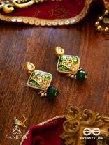 VANASHREE - QUEEN OF THE FOREST- MESMERIZING EARRINGS WITH VIBRANT GREEN AND GOLDEN ACCENTS, ADORNED WITH KUNDAN AND PEARLS