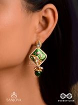 VANASHREE - QUEEN OF THE FOREST- MESMERIZING EARRINGS WITH VIBRANT GREEN AND GOLDEN ACCENTS, ADORNED WITH KUNDAN AND PEARLS