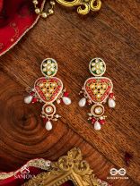 SUNDARIKA - BEAUTIFUL ONE - INTRICATE KUNDAN EARRINGS WITH ENAMEL WORK AND PEARL DROPS