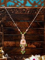 MADHUVRATA – SWEET AS SPRING BLOOM - GRACEFUL PINK ENAMELLED PENDANT NECKLACE WITH KUNDAN GREEN BEADS AND PEARL DROPS