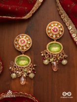 HARITRINA - GREEN AND PINK BEAUTY - ORNATE KUNDAN EARRINGS WITH FLORAL MOTIFS AND SPARKLING DROPS