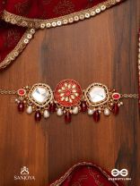 AGNITA - FIERY BEAUTY - INTRICATE KUNDAN RED POLKI CHOKER WITH DAZZLING MIRROR ACCENTS, PEARLS AND GEM FRINGES