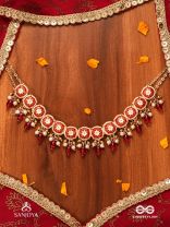 RUDRANJALI - SACRED RED OFFERING- TRADITIONAL RED ENAMELLED POLKI CHOKER WITH LUSTROUS BEADS AND PEARLS