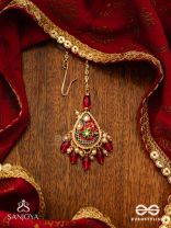 SUVARNAPUSHPA - GOLDEN BLOSSOM - LUXURIOUS HERITAGE KUNDAN MAANGTIKA WITH RED AND BLUE ENAMEL WORK, PEARLS AND BEADS