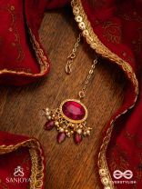 SINDURINI - VERMILION GRACE - STATEMENT KUNDAN POLKI MAANGTIKA WITH RED GEMSTONES AND ENAMEL ACCENTS