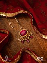 SINDURINI - VERMILION GRACE - STATEMENT KUNDAN POLKI MAANGTIKA WITH RED GEMSTONES AND ENAMEL ACCENTS
