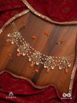 SANDHYAPRIYA - LOVER OF DUSK - EXQUISITE GOLDEN ENAMELLED KUNDAN NECKLACE WITH LUSTROUS ORANGE GEM DROPS