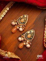 SANDHYAPRIYA - LOVER OF DUSK - EXQUISITE GOLDEN ENAMELLED KUNDAN EARRINGS WITH LUSTROUS ORANGE GEM DROPS