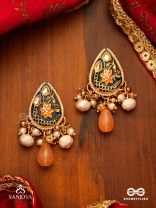 SANDHYAPRIYA - LOVER OF DUSK - EXQUISITE GOLDEN ENAMELLED KUNDAN EARRINGS WITH LUSTROUS ORANGE GEM DROPS