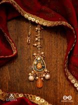 SANDHYAPRIYA - LOVER OF DUSK - EXQUISITE GOLDEN ENAMELLED KUNDAN MAANGTIKA WITH LUSTROUS ORANGE GEM DROPS