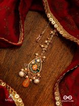 SANDHYAPRIYA - LOVER OF DUSK - EXQUISITE GOLDEN ENAMELLED KUNDAN MAANGTIKA WITH LUSTROUS ORANGE GEM DROPS