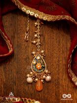 SANDHYAPRIYA - LOVER OF DUSK - EXQUISITE GOLDEN ENAMELLED KUNDAN MAANGTIKA WITH LUSTROUS ORANGE GEM DROPS