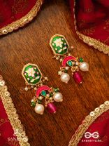 INDULEKHA - MOON'S BEAUTY - EXQUISITE CRESCENT-MOTIF KUNDAN EARRINGS WITH ENAMEL DETAILS AND PEARL DROPS
