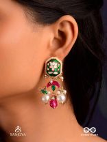 INDULEKHA - MOON'S BEAUTY - EXQUISITE CRESCENT-MOTIF KUNDAN EARRINGS WITH ENAMEL DETAILS AND PEARL DROPS