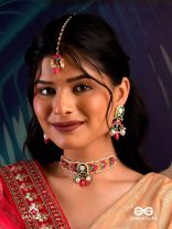 INDULEKHA - MOON'S BEAUTY - EXQUISITE CRESCENT-MOTIF KUNDAN MAANGTIKA WITH ENAMEL DETAILS AND PEARL DROPS