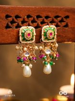 RANIRAGA - QUEEN’S MELODY- EXQUISITE KUNDAN EARRINGS WITH FLORAL ENAMEL WORK, BEADS AND PEARLS