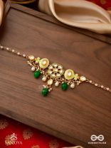 TARALYA - GENTLE RADIANCE- MINIMAL KUNDAN NECKPIECE WITH GREEN DROPS AND PEARLS