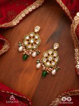 TARALYA - GENTLE RADIANCE- MINIMAL KUNDAN EARRINGS WITH GREEN DROPS AND PEARLS