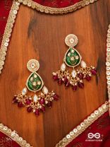 SINDURYA - SCARLET RAYS- GRAND CRESCENT ENAMEL KUNDAN EARRINGS WITH PEARLS AND BEADS