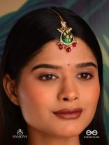 SINDURYA - SCARLET RAYS- GRAND CRESCENT ENAMEL KUNDAN MAANGTIKA WITH PEARLS AND BEADS