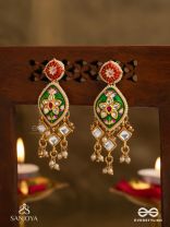 SHRINGARIKA - THE ADORNED ONE- ELEGANT PEARL EARRINGS WITH GREEN ENAMEL DROP, KUNDAN AND BEADS