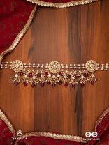 TRIBANDHURA - THREE-STRANDED BEAUTY- TRIPLE-CHAIN KUNDAN NECKPIECE WITH FLORAL ENAMELLED MEDALLIONS AND RUBY DROPS