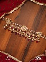 TRIBANDHURA - THREE-STRANDED BEAUTY- TRIPLE-CHAIN KUNDAN NECKPIECE WITH FLORAL ENAMELLED MEDALLIONS AND RUBY DROPS