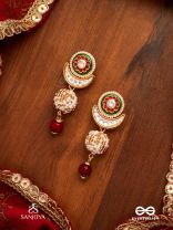 SHASHIRATNA - MOON GEM- MINIMALISTIC KUNDAN ENAMEL EARRINGS WITH FLORAL CENTER, PEARL SPHERES AND CELESTIAL DESIGN