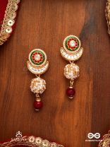 SHASHIRATNA - MOON GEM- MINIMALISTIC KUNDAN ENAMEL EARRINGS WITH FLORAL CENTER, PEARL SPHERES AND CELESTIAL DESIGN