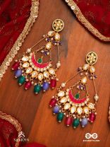 RANGAMAYA - FILLED WITH COLORS- INTRICATE KUNDAN CRESCENTS ENAMELLED EARRINGS WITH VIBRANT BEADED FRINGES AND PEARLS