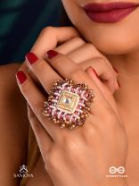 SHYAMALA - DUSKY QUEEN- GEOMETRIC POLKI RING WITH RICH GLASS DROPS AND PEARLS