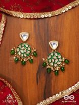 ARUNODAYA - DAWN RAYS- SYMMETRICAL KUNDAN POLKI EARRINGS WITH EMERALD GREEN ENAMEL ACCENT, PEARLS AND BEADS