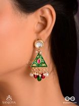 RANGLEKHA - LINES OF COLOR-  LAYERED GOLDEN CHAINED KUNDAN EARRINGS WITH VIBRANT GEM DROPS AND FLORAL ENAMELED EDGES
