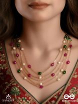 RANGLEKHA - LINES OF COLOR-  LAYERED GOLDEN CHAINED KUNDAN NECKPIECE WITH VIBRANT GEM DROPS AND FLORAL ENAMELED EDGES
