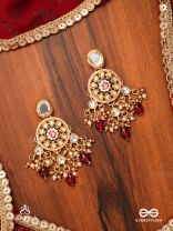 TRIBANDHURA - THREE-STRANDED BEAUTY-  KUNDAN EARRING WITH FLORAL ENAMELLED MEDALLIONS AND RUBY DROPS