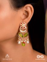 TULSIRAGA - TOUCH OF TULSI- ELEGANT PEARL LAYERED EARRINGS WITH KUNDAN, GEMSTONE AND RICH RUBY DROPLETS
