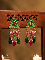 TRIKONIKA - TRIANGULAR BEAUTY- ENAMELED TRIANGLE TOP EARRINGS WITH RED CRESCENT, PEARLS AND BEADS