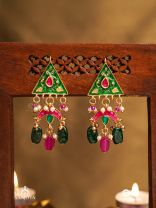 TRIKONIKA - TRIANGULAR BEAUTY- ENAMELED TRIANGLE TOP EARRINGS WITH RED CRESCENT, PEARLS AND BEADS