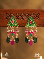 TRIKONIKA - TRIANGULAR BEAUTY- ENAMELED TRIANGLE TOP EARRINGS WITH RED CRESCENT, PEARLS AND BEADS