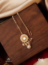 KANAKLEKHA - GOLDEN GLEAM- ROUND POLKI ACCENTED MAANGTIKA WITH DEWY WHITE PEARLS AND WARM EARTHY TONE BEADS