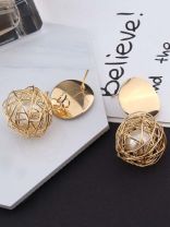 Mirror reflection- pearl in a cage of gold earrings