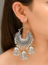 The Motif Moon Triple Jhumkas - Oxidised Boho Earrings