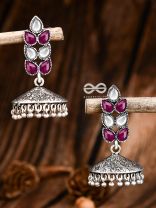 The Olive Branch Intricate Jhumkis - Ruby White - The Embellished Oxidised Collection