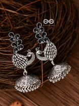 The Dancing Peacocks Engraved Jhumkis (Onyx Black) - Embellished Oxidised Collection
