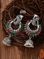 The Intricate Enamelled Peacocks Meenakari Artwork Jhumkas - (Red-Green)