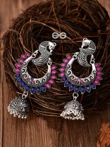 The Elegant Enamelled Peacocks Meenakari Artwork Jhumkas - (Pink-Blue)